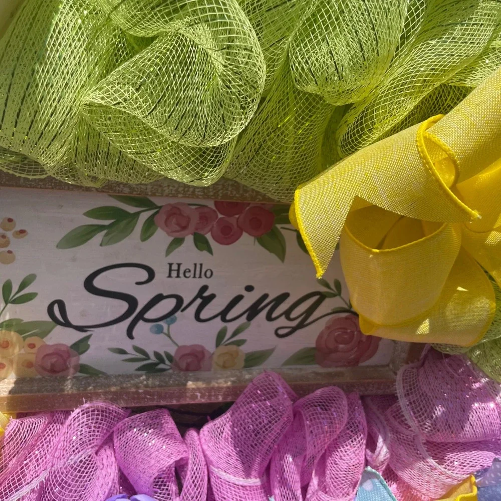 Hello Spring Wreath Door Decor Colorful Floral Flowers Mesh Ribbon‎ Bows